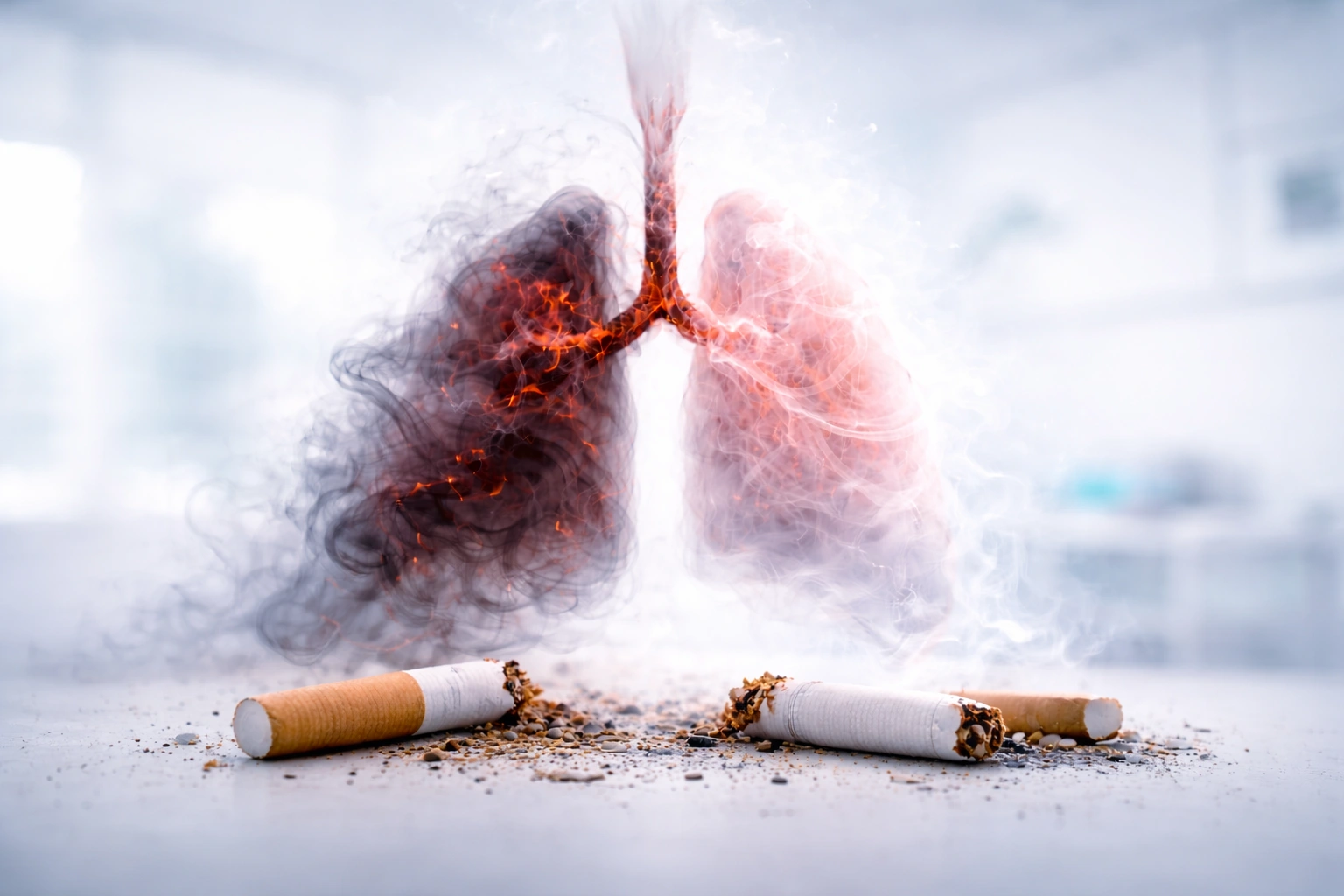 Plămâni formați din fum și țigări rupte, ilustrație simbolică a efectelor fumatului asupra sănătății respiratorii.